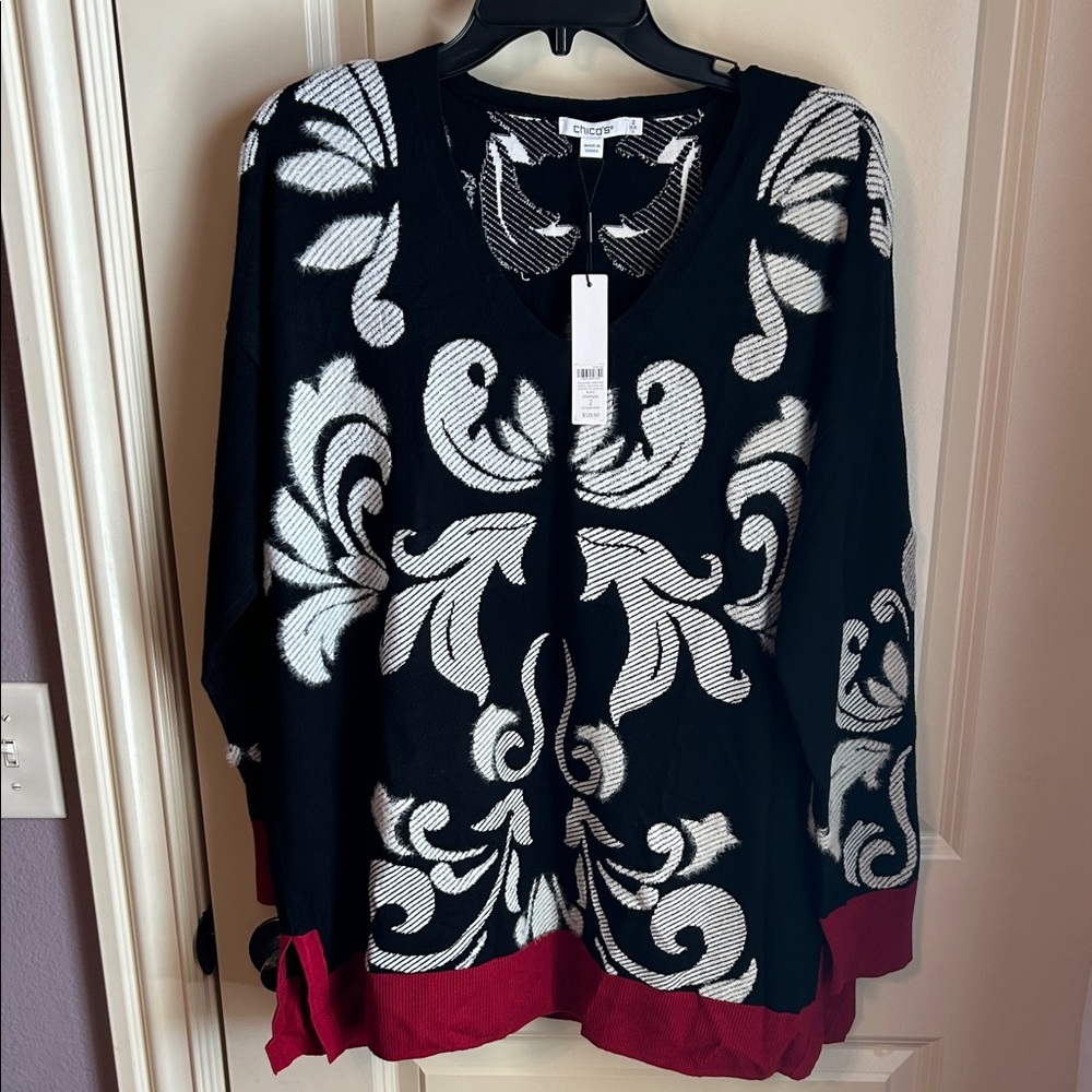 Chico's Black and White V-Neck Sweater with Red Trim
#0035